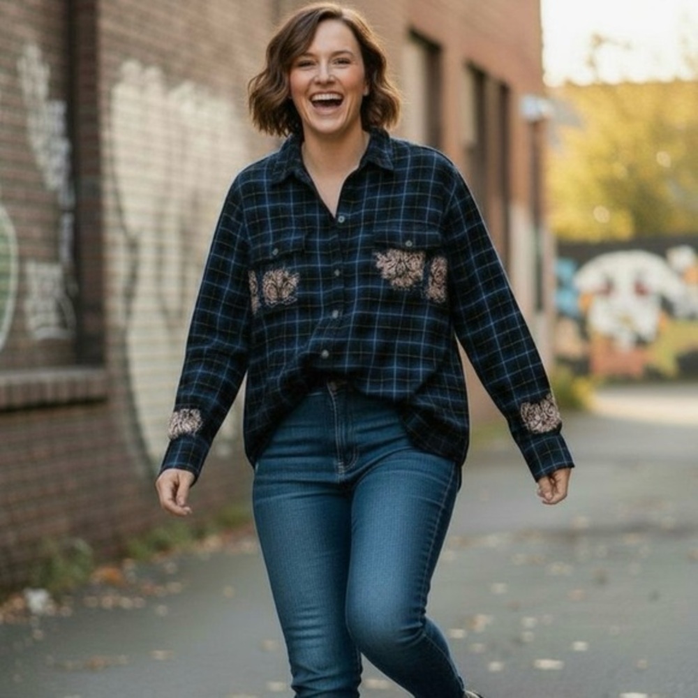 Upcycled Old Navy Green Plaid Flannel Shirt Bleached Stencil Large